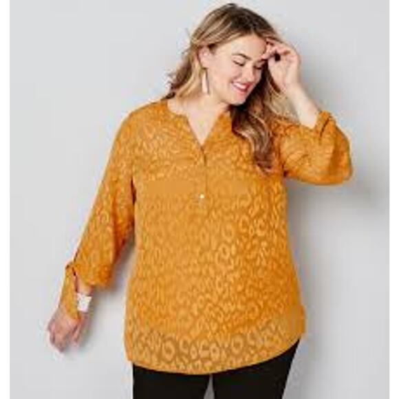 Avenue Tops - NWT Avenue Mustard Semi Sheer Leopard Jacquard Popover Tunic Plus Size: 26/28